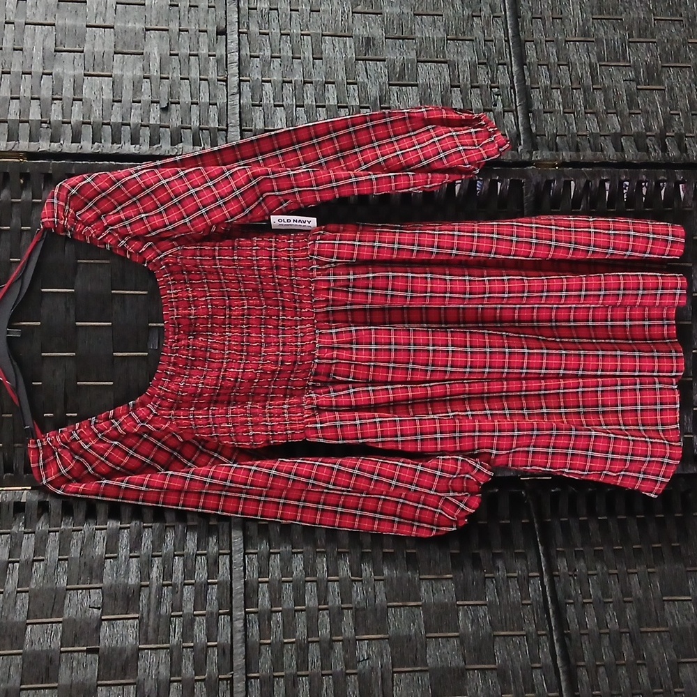 NWT Old Navy Red Tattan Plaid Long Sleeve Mini Smocked Dress SZ M Christmas